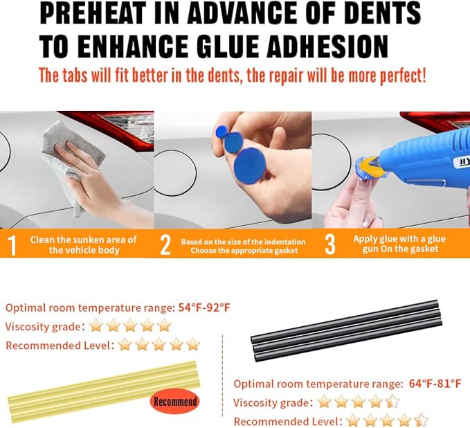 Professional Car Dent Repair Kit - 2-in-1 Slide Hammer T-Bar Bridge Puller with 100W Hot Glue Gun Rubber Hammer and 76 Tabs - for Auto Body Paintless Removal on Vehicles Appliances and Metal Surfaces