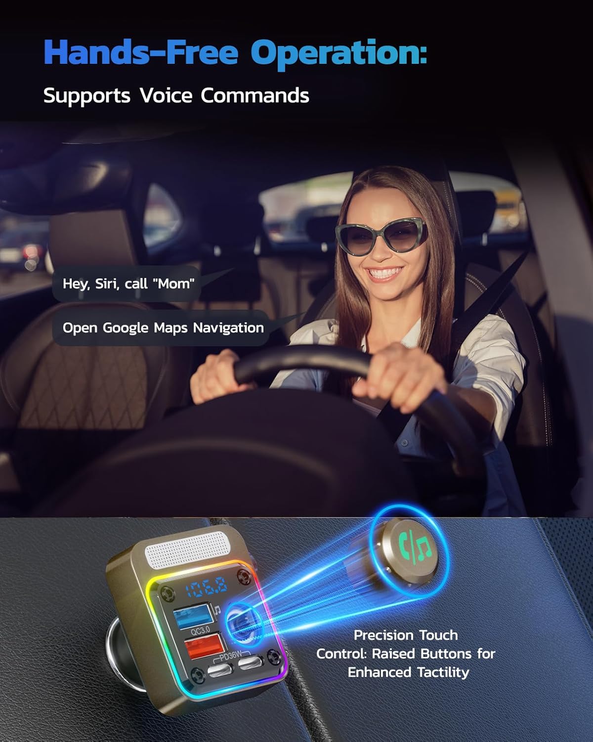 Nulaxy 54W Bluetooth 5.3 Car Adapter with 4 Charging Ports [PD 36W & QC3.0 18W], Wireless Radio FM Transmitter with Deep Bass Player & 5 Colors LED Backlit, Hands-Free Calling - Gold