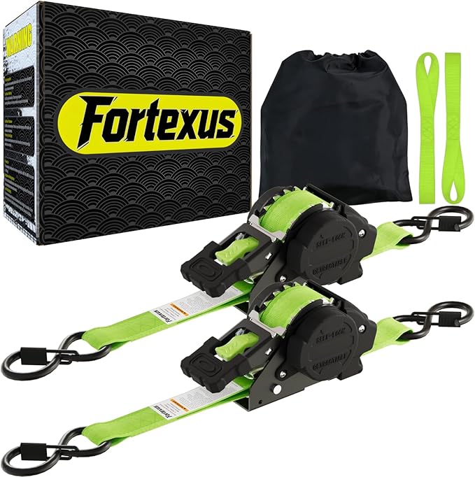 Retractable Ratchet Straps,1'' x 12' Tie Downs Automatic Retractable Ratchet Straps 1760lb Break Strength for Trailer,Motorcycle,Scooter,Pickup Truck,UTV,Kayak (Neon Green,2 Pack)