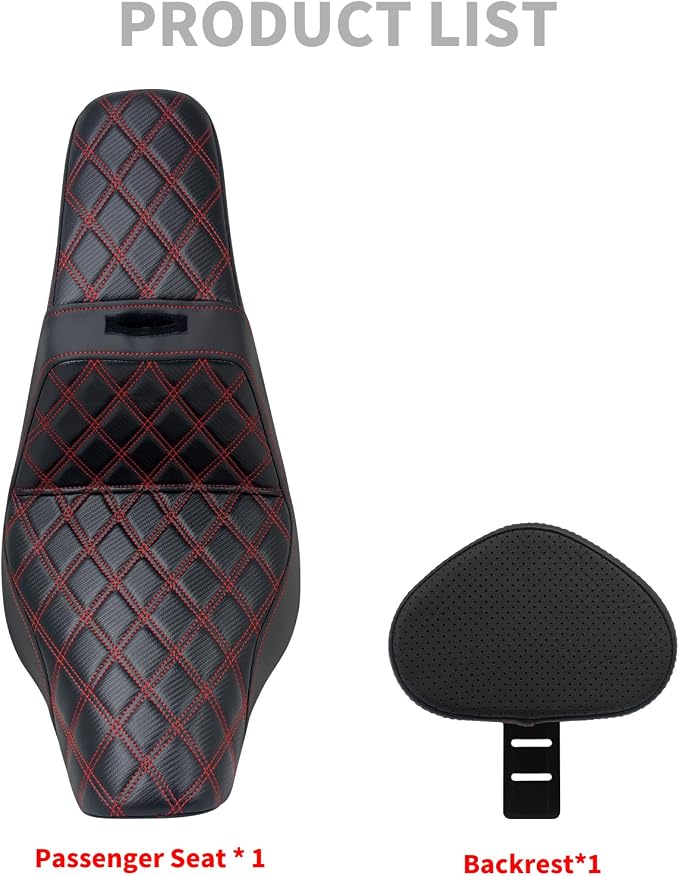 Motorcycle Seat Driver Passenger Seat with Backrests for Harley Low Rider Low Rider S ST 2018-up (Black with red stitching)