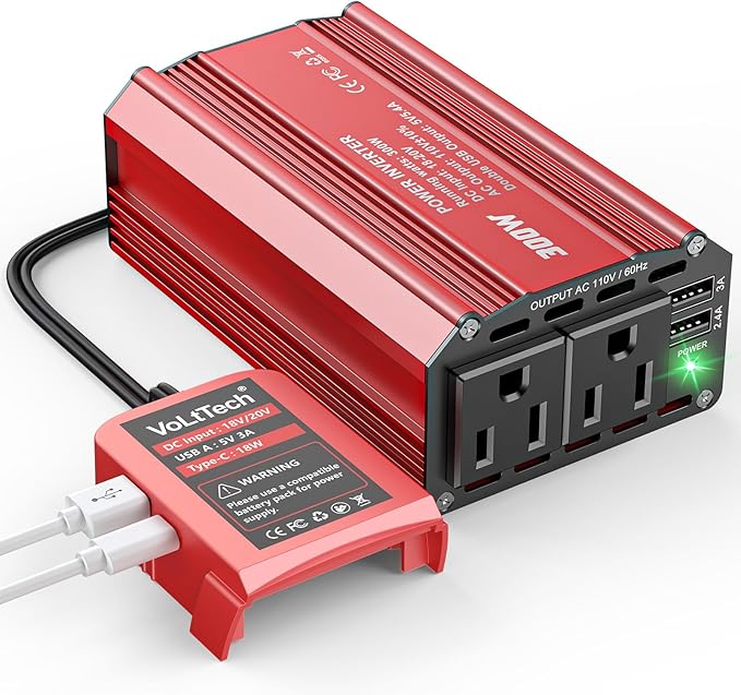 VoLtTech 300W Power Inverter 18V to 110V Compatible with Milwaukee 18V Battery, Battery Inverter DC Charger Adapter with 2 AC Outlet & 2 USB Port for Vehicles, Laptop, Computer, Phone, Fan(No Battery)