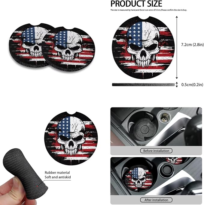 Howilath USA Flag Skull Car Front Seat Cover with Interior Accessories Center Console Cover+Steering Wheel Cover+Seatbelt Pads+Keychain+Coasters Set of 10 Fit Sedan Truck Van