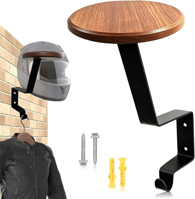 Helmet Holder Wall Mount-Heavy Duty Motorcycle Helmet Rack with Wood Shelf and Intensify Hook, Display & Space Organizer for Bike, Football, Firefighter Helmets Hat Cap (Install Hardware Included)