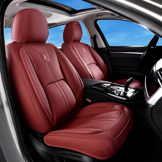 Huidasource Red Front Seat Cover Luxury Nappa Leather, Front Car Seat Cover with Airbag, Front Storage Pocket, Lumbar Support, Cooling＆Heating, Seat Covers Universal Fit for Most Cars SUV Trucks, Red