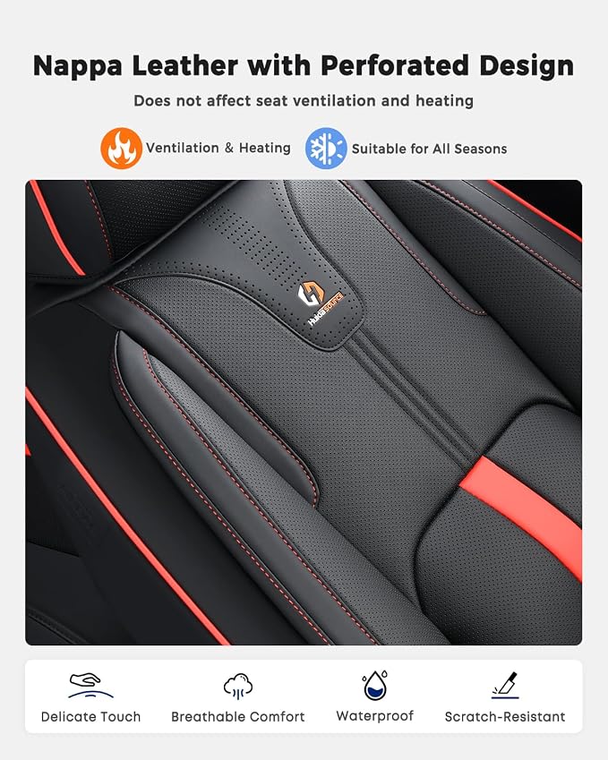 Huidasource Rear seat Cover Luxury Nappa Leather, Back seat Cover with Velcro Adjustable, Ventilation Holes, Seat Belts, Child Seats, Car Cover Seat Universal Fit for Most Cars SUV Trucks, Black＆Red