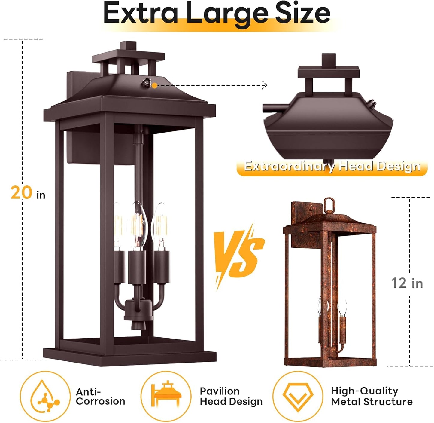 Oil Rubbed Bronze Dusk to Dawn Outside Lights 3-Light, 20" 2 Pack Porch Wall Mount Light Fixtures Large Brown Photocell Sensor Outdoor Wall Lanterns, Vintage Exterior Sconce Lamps E12