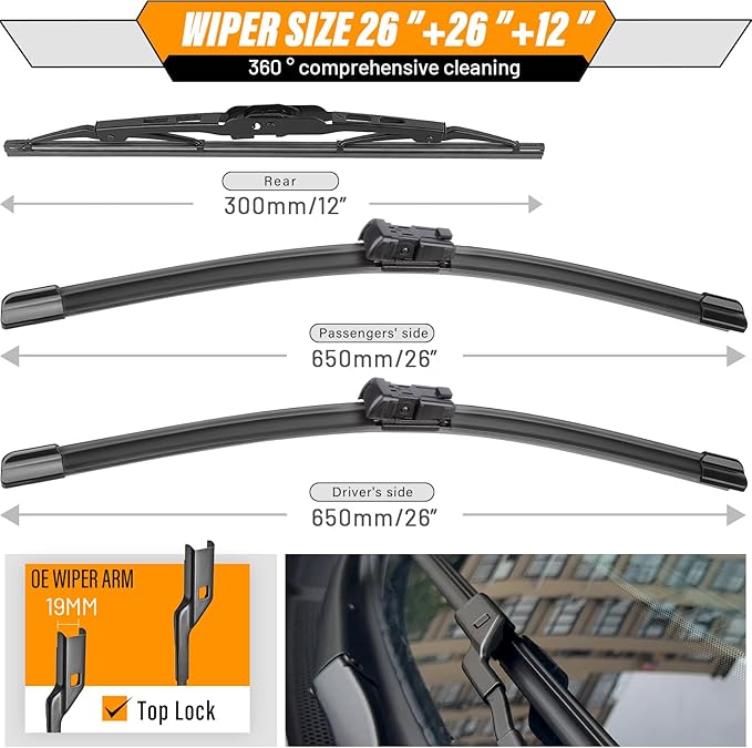 OEM Windshield Wiper Blade Replacement for Chevy Bolt EV 2017 2018 2019 2020 2021 Original Equipment All-Season Rear Wiper Blade Set 26+26+12 (Set of 3)