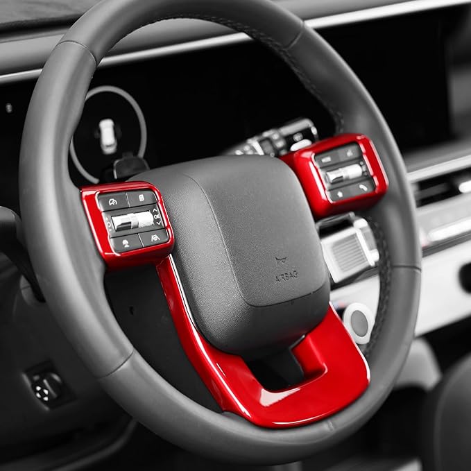 ABS Car Steering Wheel Frame Cover Steering Wheel Button Panel Protection Frame Molding Trim Compatible with Hyundai Santa FE 2024-2026 Accessories (Glossy Red Style)
