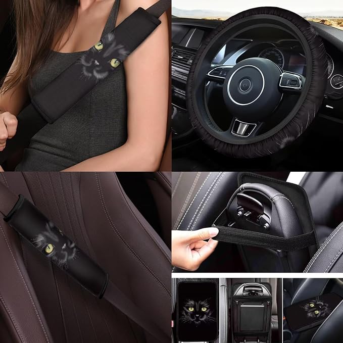 Black Cat Car Aaccessories Full Set of 17 Pcs,Black Cat Car Seat Covers Set with Heavy Duty Floor Mats,Steering Wheel Covers,Cool Print Seat Belt Shoulder Pad for Women Man,Universal Fit