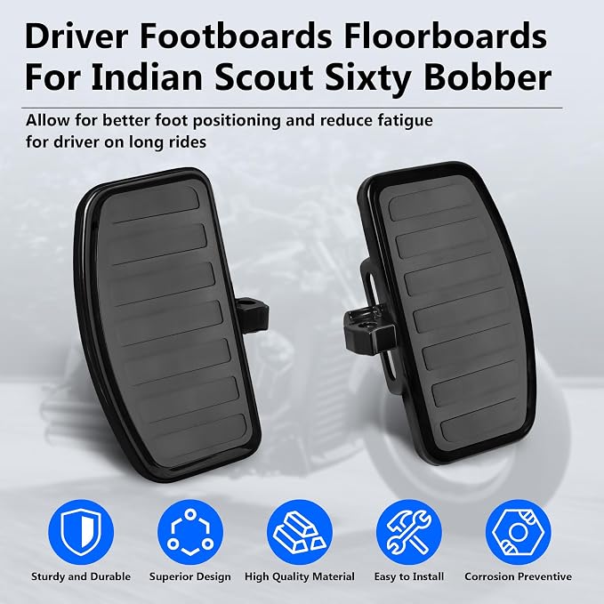 D-shaped Driver Footboards Front Rider Foot Rest Floorboards for Indian Scout Sixty Bobber 2015-2025 Models Foot Pegs Accessories(Black, Stripe B)