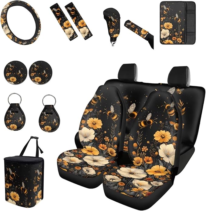 Forchrinse Bee Flower Car Seat Covers 15Pcs Auto Interior Cover Set with Steering Wheel Cover,Armrest Seatbelt Pads,Car Garbage Can,Coaster,Handbrake Gearshift Cover for SUVs Trucks