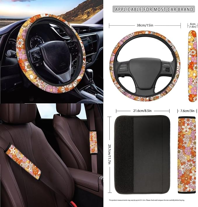 Wanyint Hippie Flower Daisy Car Seat Covers Front Back Seats Set of 15, Steering Wheel Cover Seatbelt Cushion Pad Trash Bin Air Vent Pocket Rearview Mirror Cover Cup Holder Key Chain Car Accessories
