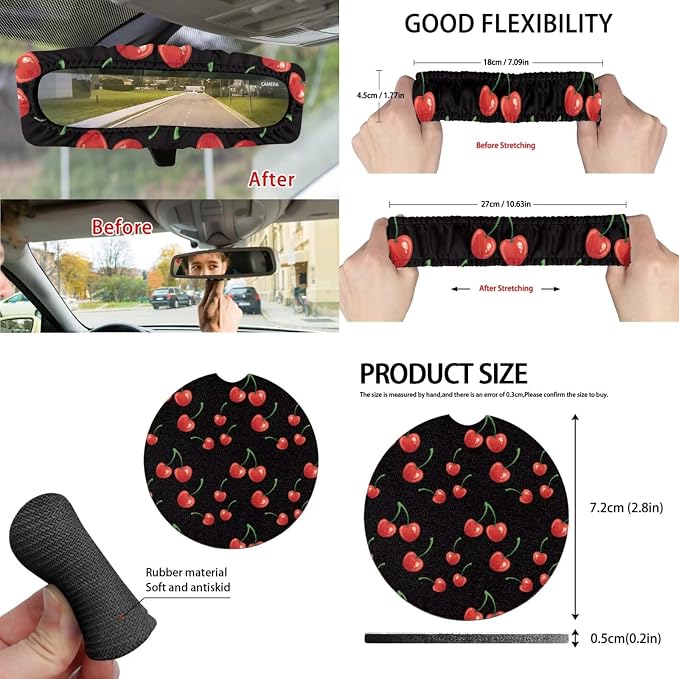 15 Pcs Cherry Car Seat Cover Full Set for Women with Car Steering Wheel Cover Seat Belt Cover Trash Bin Front Rear View Mirror Car Cup Holder Keychain