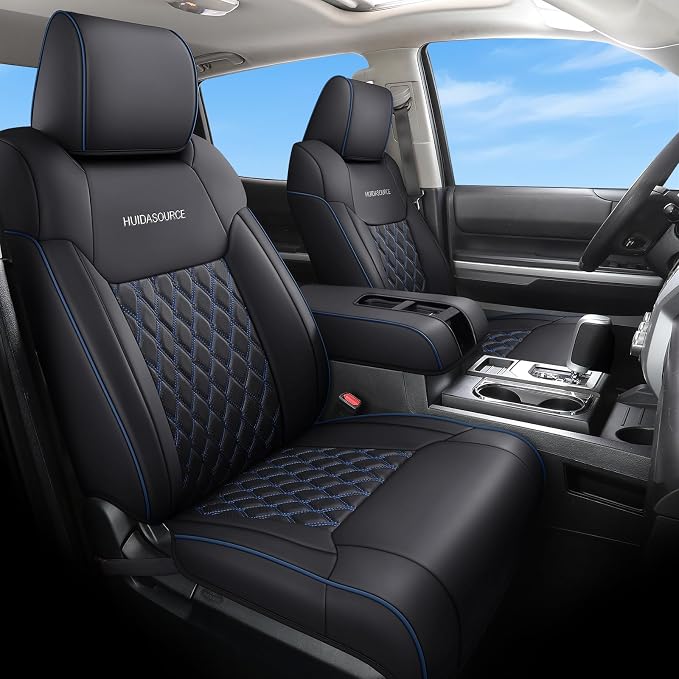 Huidasource Custom Fit Tundra Car Seat Covers Full Set, Waterproof Front&Rear Seat Cushion Fit for 2014-2021 Toyota Tundra CrewMax Pickup Truck (Full Set/Black&Blue)