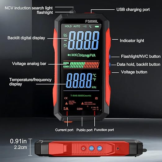 Digital Multimeter Tester Rechargeable Smart Digital Multimeter USB-C Charging True RMS Electrical Tester AC DC Voltage Current Tester with Large Display for Industrial Electrical Issues(FS899L)