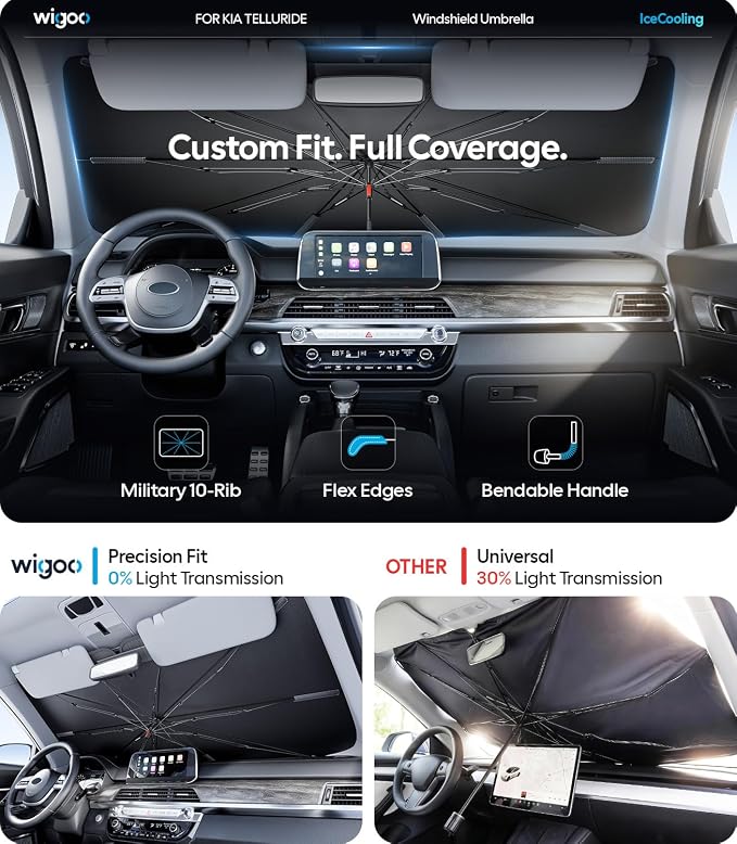 Wigoo Windshield Sun Shade Umbrella for Kia Telluride 2020-2026 [100% Sun Blockage, Ice Cooling Fabric] Foldable Heat Insulation Front Window Sunshade Umbrella for Kia Telluride 2020-2026