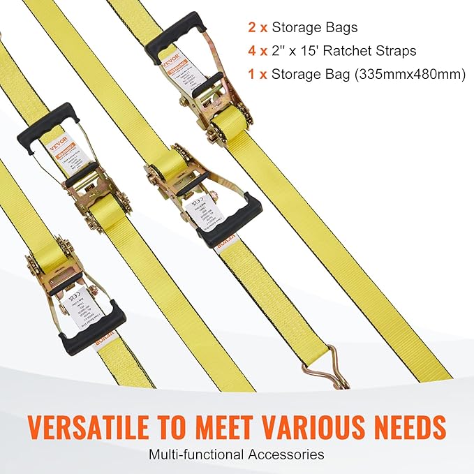 VEVOR 2" x 15' Ratchet Straps Heavy Duty (4PK), 5000 lb Break Strength, Double J Hook Includes 4 Premium Rachet Tie Downs with Padded Handles, for Moving Securing Cargo, Appliances, Lawn Equipment
