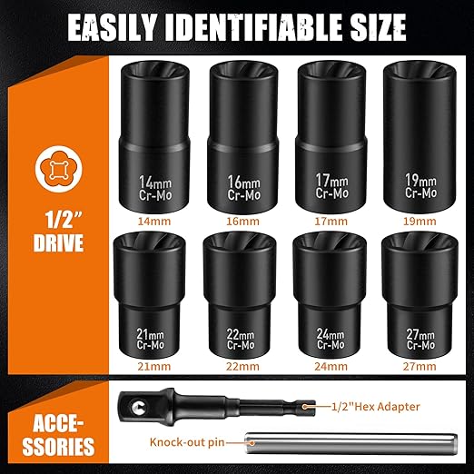 GIREORAN Wheel Lock Removal Kit, 10 Piece Lug Nut Remover, 1/2-Inch-Drive Impact Easy Out Bolt Extractor Socket Set for Removing Damaged, Frozen, Rusted, Rounded-Off Bolts, Nuts & Screws