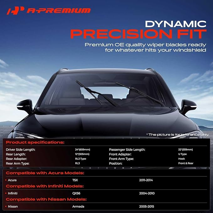 A-Premium 24"/22"/12" Windshield Wiper Blades Compatible with Nissan Armada 2005-2015 & Acura TSX & Infiniti QX56 - Front Rear Wipers Blade for Hook/RL3, with Wear Indicator & Towel (Pack of 3)