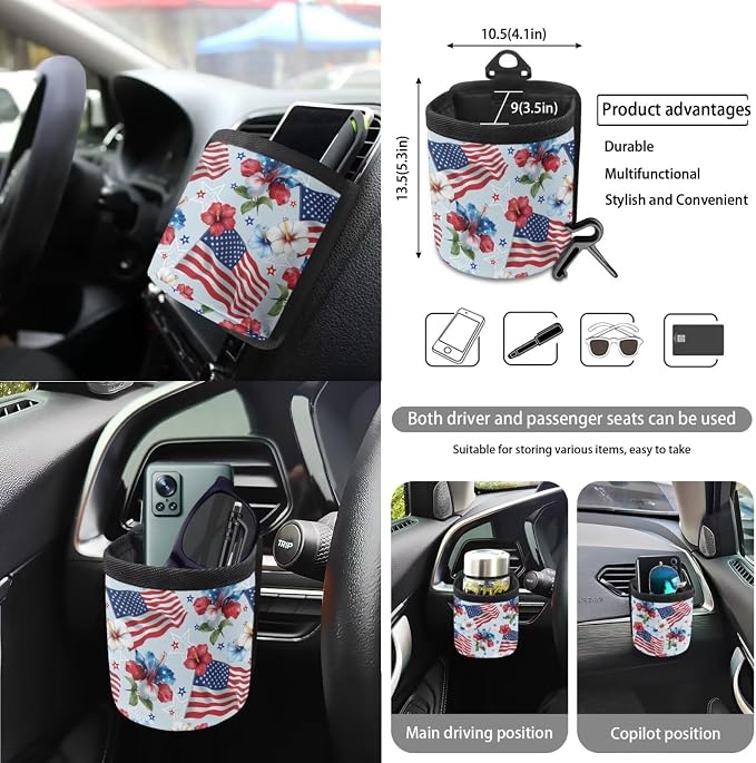 Car Seat Cover Sets Steering Wheel&Seat Belt Cover Trash Bin Air Vent Storage Box Front Rear View Mirror Cover Car Cup Holder Keychain 15Pcs Car Accessories American Flag Hibiscus Floral