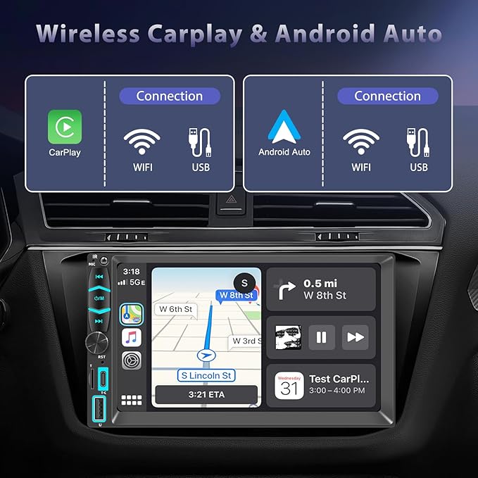 Double Din Car Stereo Apple Carplay Radio Screen for Car Audio Receivers, Bluetooth Car Play Android Auto Touchscreen, Mirror Link, FM, Type-C