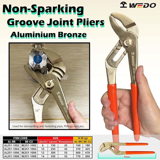 WEDO 6"Groove Joint Pliers,Tongue-and-Groove Pliers,Aluminum Bronze,Length 150mm,Max jaw opening 25mm,DIN Standard, BAM & FM Certificate