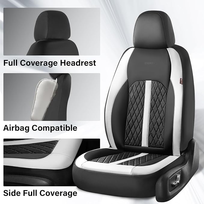 Coverado Universal Leather Seat Covers Full Set for 5 Seats – Waterproof, Durable All-Weather Protector for SUV, Pickup Truck, Sedan, White&Black