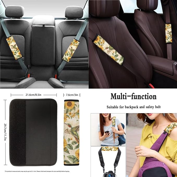 Xoenoiee Hummingbird and Sunflower Design Car Seat Cover Front & Rear Seat Cover with Steering Wheel Cover + Seat Belt Cover+ Cup Coasters+ Key Chains Universal Fit for Van Truck SUV