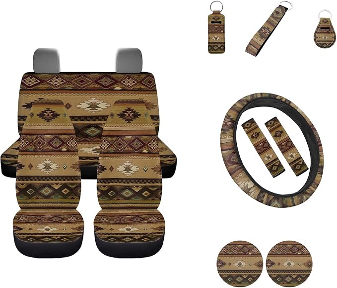 12 Pc Brown Aztec Tribal Car Seat Covers Full Set Ethnic Style Southwestern Boho Car Seat Covers/Steering Wheel Covers/Seat Belt Pads/Key Chain/Coaster/Lipstick Holder Universal Fit