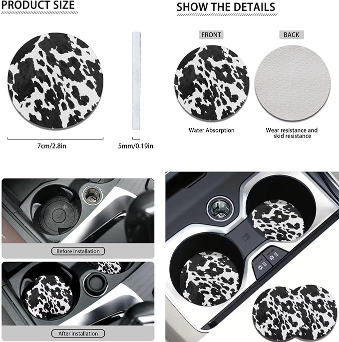 POLERO Cow Print Car Seat Cover Set 11pcs Vintage Steering Wheel Cover Auto Interior Accessories with Seatbelt Protector Pads Car Coasters and Keychains