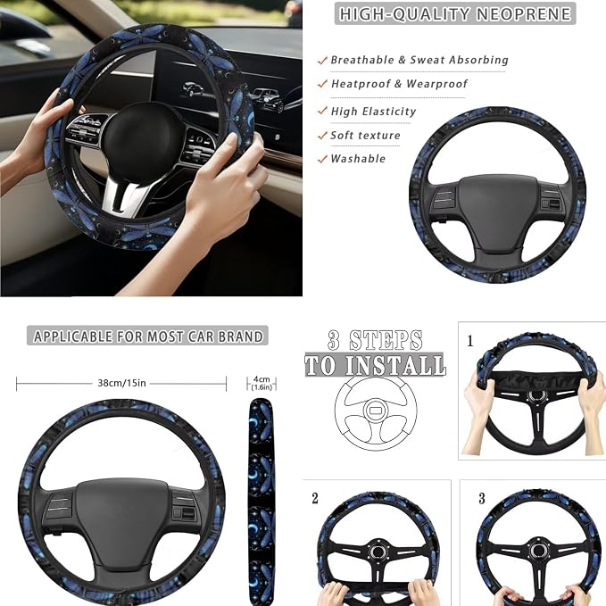 Moon Dragonfly Car Seat Covers Full Set 15 Pcs Universal Car Accessories Steering Wheel Cover Seat Belt Pads Garbage Bag Car Headrest Pillow Covers Armrest Pad