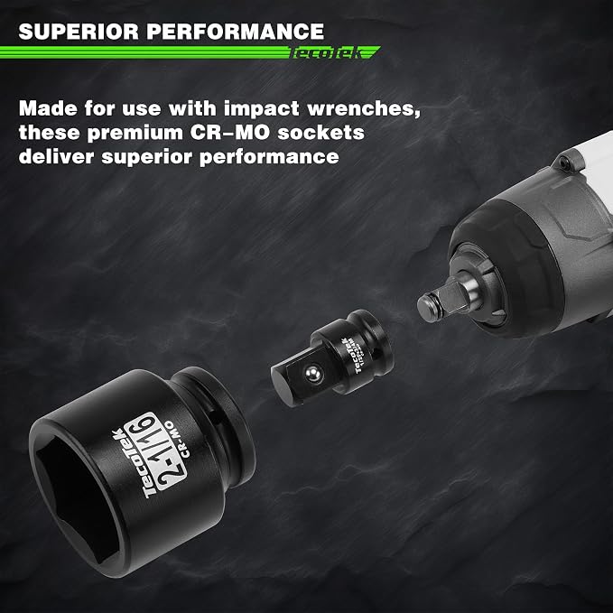 TecoTek 3/4" Drive 6-Point Impact Socket Set, 9-Piece Jumbo Assortment, Cr-Mo, SAE, 2-1/16 Inch to 2-1/2 Inch, 1/2" F to 3/4" M Impact Socket Adapter