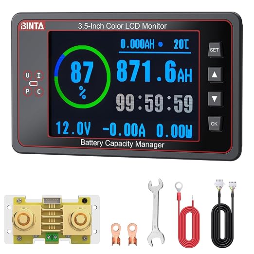 BINTA 500A Battery Monitor with Shunt, 8-100V 3.5 Inch Color Screen for LiFePO4 Lithium Gel Flooded Batteries, High Low Voltage Alarm Backlight for Car RV Golf Cart Solar Panel Boat