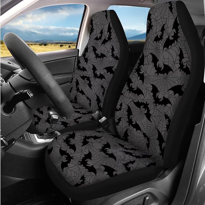 Bulopur Halloween Bat Vehicle Seat Covers Full Set with Steering Wheel Cover Comfortable Armrest Pad Easy to Install Car Seat Belt Covers 14 PCS Automotive Interior Decor Set