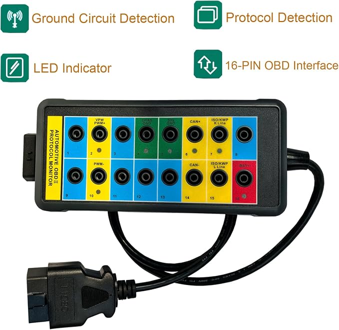 Professional OBD2 Breakout Box with LED Indicator, 16-Pin OBD2 Diagnostic Tool Automotive Electrical Tester Portable Auto OBD2 Protocol Detector Monitor Car Testing