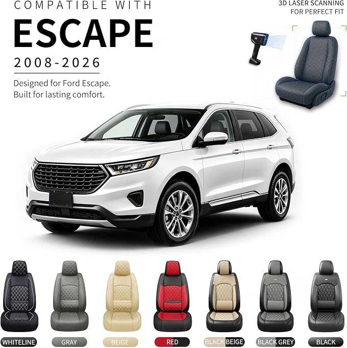 Fit Escape Car Seat Covers for Ford Escape 2001-2025 2026 - Luxury Leather, Anti-Slip, All-Weather Seat Cushions, Waterproof & Breathable, Airbag Compatible, Full 5-Seat Set (Whiteline)