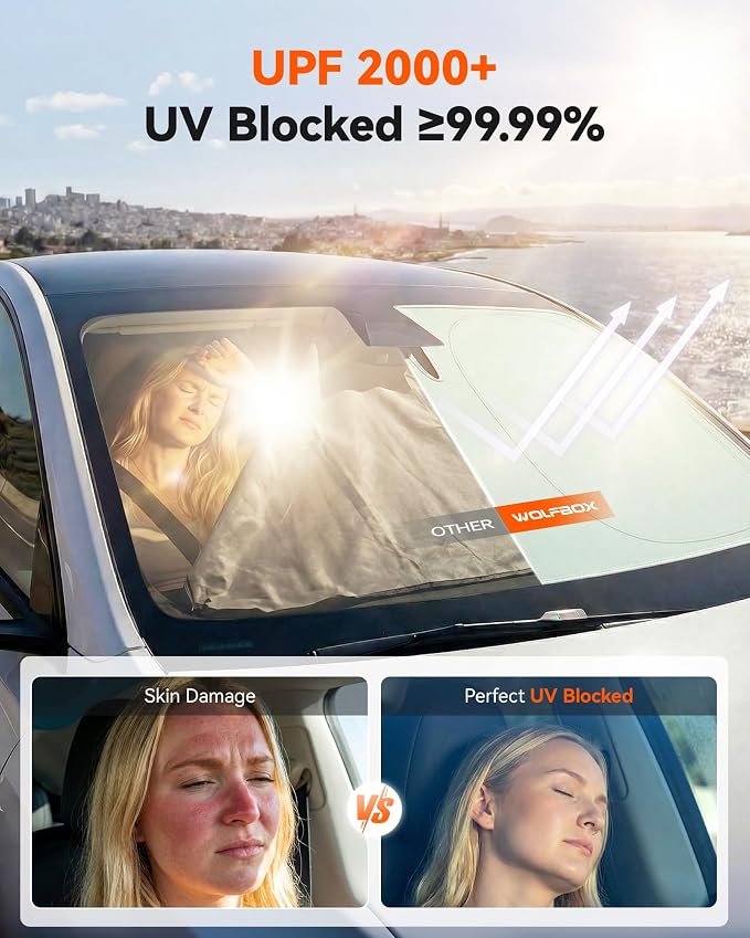 WOLFBOX Foldable Car Windshield Sun Shade, Maximum UV & Heat Shield Front Window Sunshade Visor Protector Universal Fit for SUVs Trucks Sedans (69''x35'')