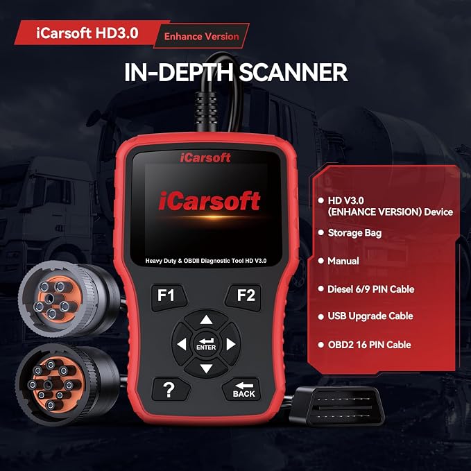 Heavy Duty Truck Scanner, iCarsoft HD V3.0 Multi-System OBD2 Diagnostic Scan Tool for Truck, Car, Mini Van, Light Duty Vehicle, Code Reader,Battery Test, Graphic Data Display-Red