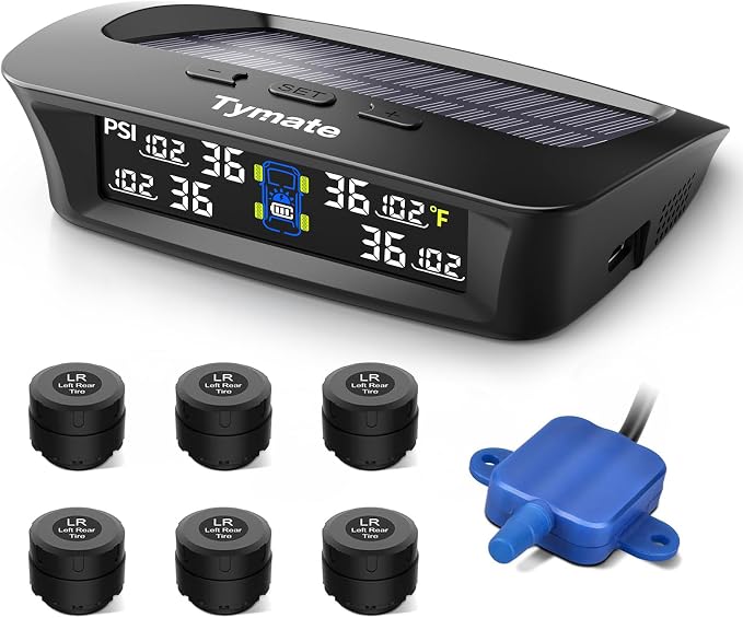 Tymate TM3 RV Tire Pressure Monitoring System, Solar Charge TPMS, 6 Sensors & 5 Alarm Modes, Color Display, W/Repeater for Longer Distance Transmission, 0-144 PSI for RV Trailer Camper Fifth Wheel
