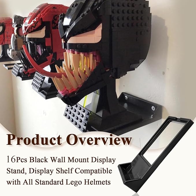 16 Pcs Black Wall Mount Display Stand Fits Lego Helmet, Wall Mount Display Shelf, Compatible with All Standard Lego Helmets, Boba Fett 75277/Tie Fighter Pilot 75274/Stormtrooper 75276