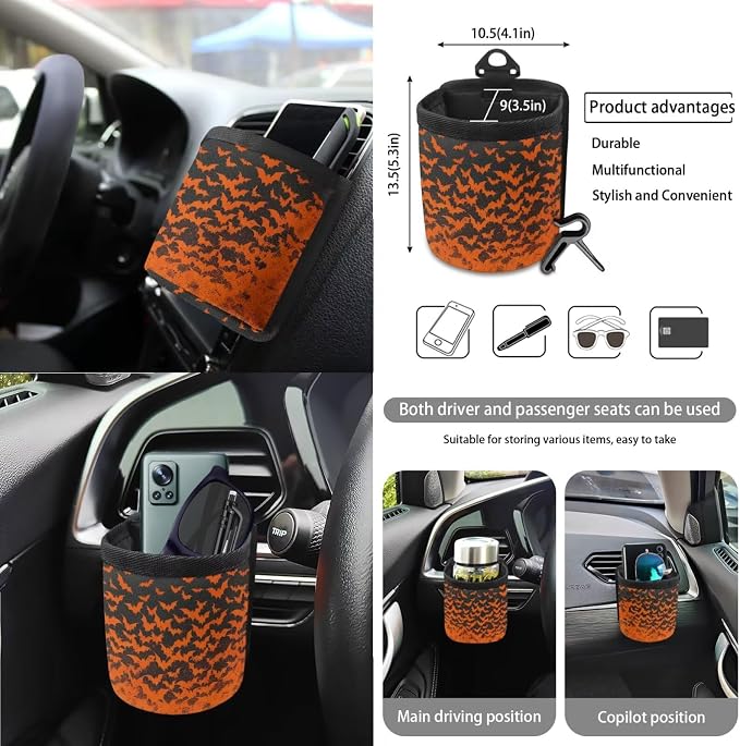 Car Seat Cover Sets Car Steering Wheel Cover Seat Belt Cover Trash Bin Air Vent Storage Box Front Rear View Mirror Car Cup Holder Keychain 15Pcs Car Accessories, Spooky Bats