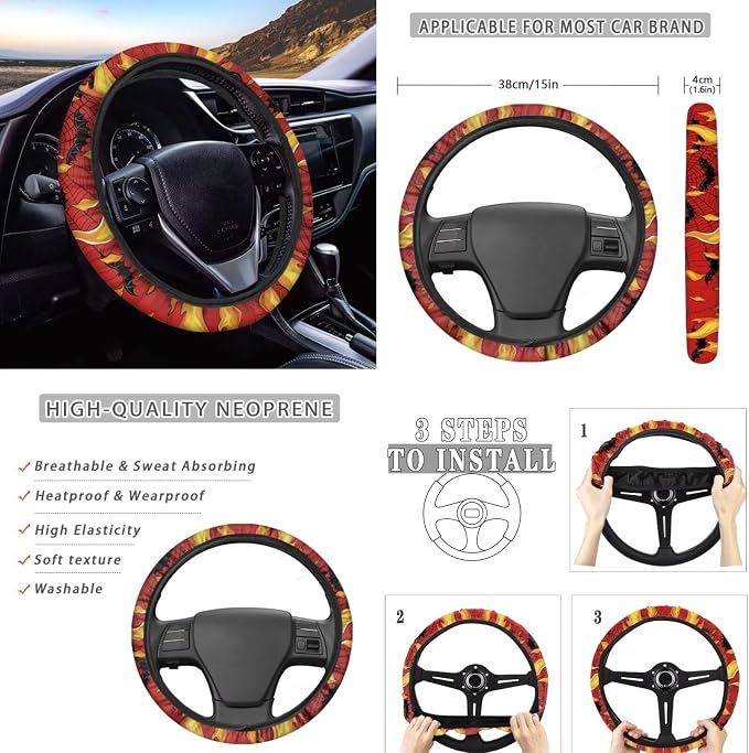 Flame Spiderweb Bats Car Interior Accessories Set of 8, Car Seat Covers Full Set with Auto Steering Wheel Cover Center Console Pad Seat Belt Covers, Auto Halloween Decorations