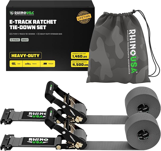 Rhino USA E Track Ratchet Tie Down Straps (4,500lb Break Strength) - Includes (2) Premium 2" x 16' eTrack Tie Downs - Ultimate Heavy Duty eTrack Cargo Strap System for Trailer, Truck, Motorcycle