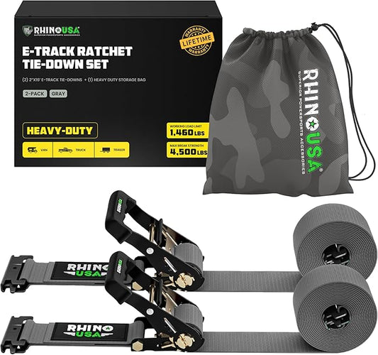 Rhino USA E Track Ratchet Tie Down Straps (4,500lb Break Strength) - Includes (2) Premium 2" x 16' eTrack Tie Downs - Ultimate Heavy Duty eTrack Cargo Strap System for Trailer, Truck, Motorcycle