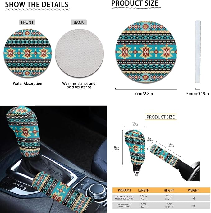 Dreaweet Navajo Seat Covers for Cars Full Set Native American Tribal Geometric Turquoise Seat Cover with Steering Wheel Cover/Center Console Cover/Seatbelt Covers/Coasters/Gear Shift Cover,12 Pcs