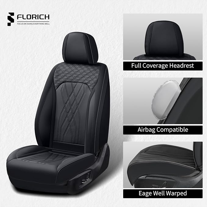 FLORICH Leather Cars Seat Covers Full Set, Waterproof Automotive Seat Covers Seats Full Wrapping Edge Seat Cushion Non-Slip Breathable Universal Fit for Most Car Truck SUV Seat Protection, Black