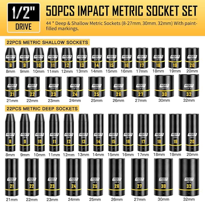 BOEN 1/2" Drive Impact Socket Set, 50-Piece Metric (8-32mm) Deep & Standard Sockets with Paint-Filled Markings, Includes Extensions, Adapter & Universal Joint