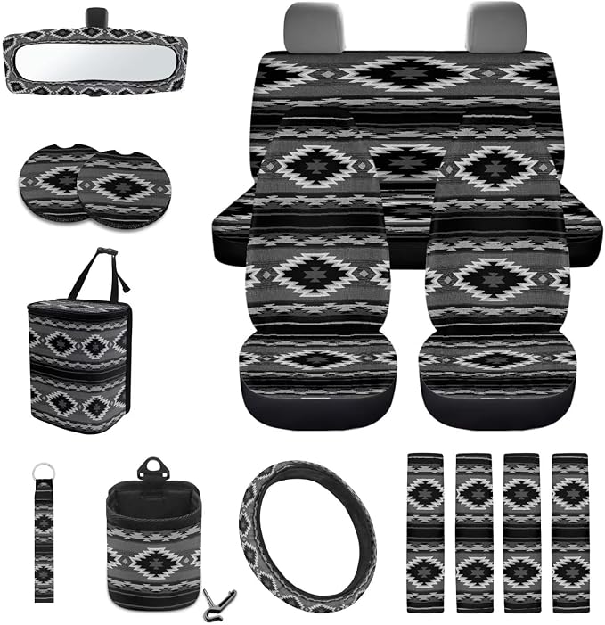 Wanyint Aztec Black 15 PCS Car Seat Cover Full Set, with Steering Wheel Cover Seat Belt Strap Cover Trash Cans Rear View Mirror Cover Cup Coaster Keychain Air Vent Storage Bag Car Decor Universal Fit
