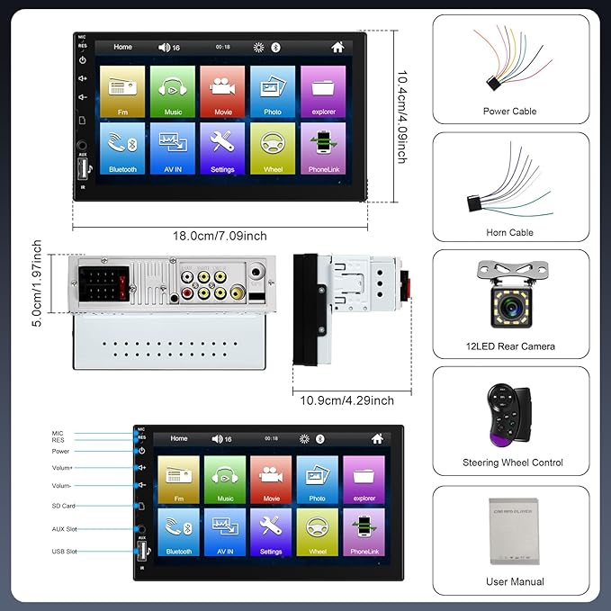 [Upgrade] Single Din Car Stereo with Bluetooth,7 Inch Touch Screen 1 Din Car Radio with FM Radio EQ Mirror Link SWC USB/TF/Aux-in Ports+Backup Camera