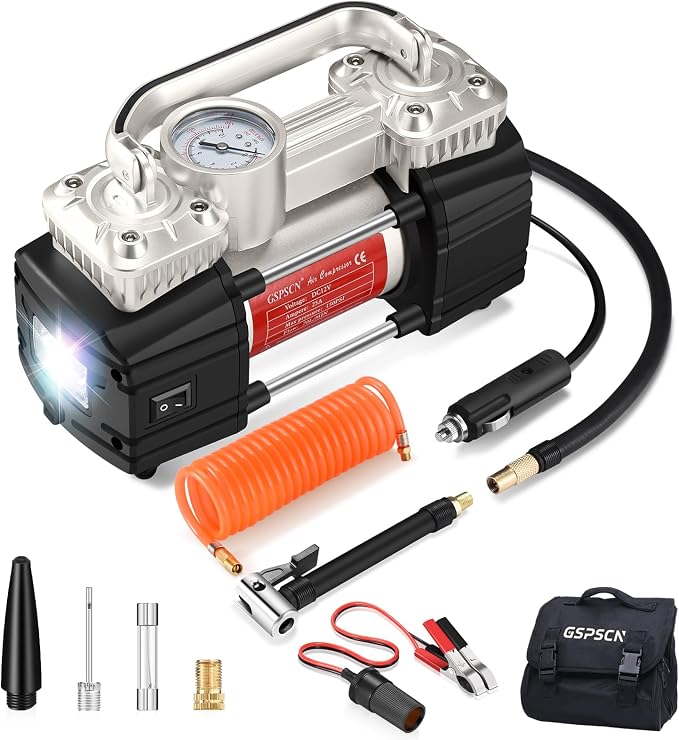 GSPSCN Heavy Duty Tire Inflator 12V Portable Air Compressor Pump 150PSI | 6X Faster Inflation Dual Cylinder Metal Air Pump with Led Light for Car, RV,Pickup Truck, SUV, Van,Camper, Air Bed,Balls